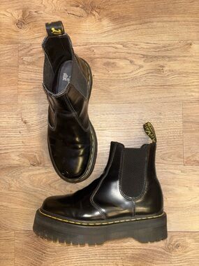 Dr. Martens Black Leather Platform Chelsea Boots with Yellow Stitching